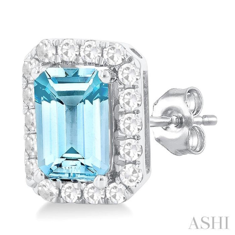 6x4 MM Octagonal Shape Aquamarine and 1/4 Ctw Round Cut Diamond Halo Semi-Precious Stud Earrings in 14K White Gold