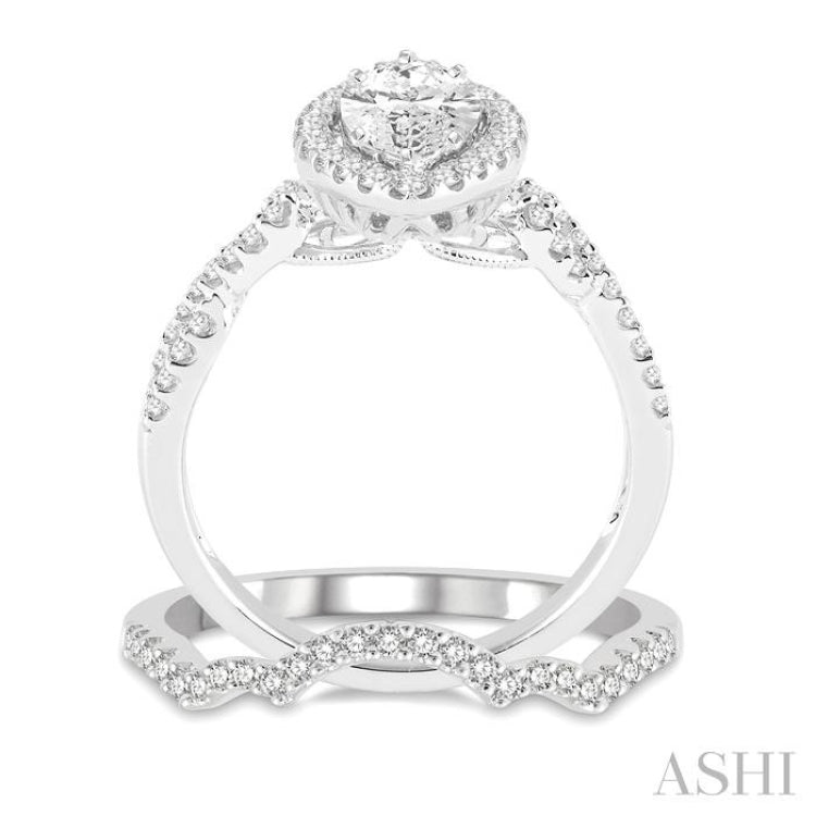 1 1/6 Ctw Round Cut Diamond Wedding Set With 1 Ctw Split Bow Shank Marquise Cut Engagement Ring and 1/6 Ctw Triple Arch Wedding Band in 14K White Gold