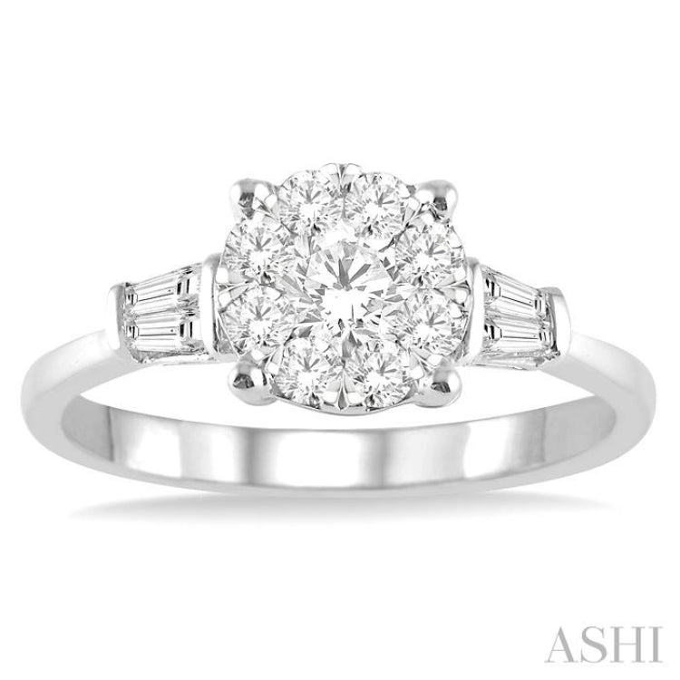 3/4 ctw Round and Baguette Diamond Lovebright Engagement Ring in 14K White Gold