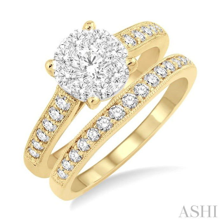 1 ctw Diamond Wedding Set with 3/4 ctw Lovebright Round Cut Engagement Ring and 1/4 ctw Wedding Band in 14K Yellow and White Gold