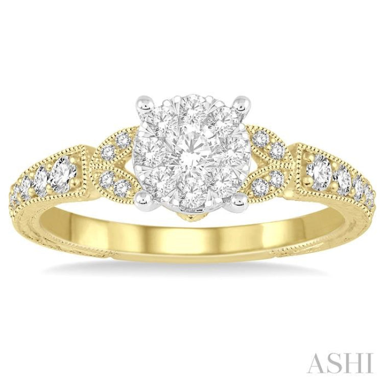 1/2 ctw Round Cut Diamond Lovebright Engagement Ring in 14K Yellow and White Gold