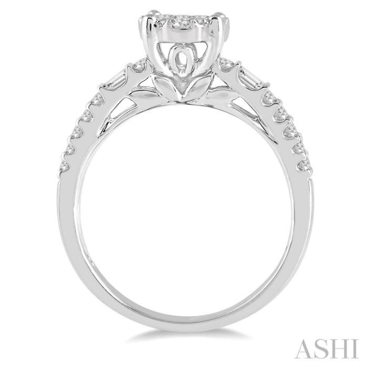 7/8 ctw Round and Baguette Diamond Lovebright Engagement Ring in 14K White gold