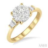 3/4 Ctw Round and Baguette Diamond Lovebright Engagement Ring in 14K Yellow and White gold