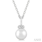 1/20 ctw Petite 6X6MM White Pearl and Round Cut Diamond Crown Fashion Pendant With Chain in 10K White Gold