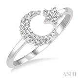 1/6 ctw Crescent Moon and Star Round Cut Petite Diamond Fashion Ring in 10K White Gold