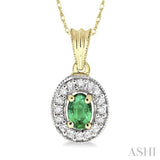 6x4 MM Oval Cut Emerald and 1/5 Ctw Round Cut Diamond Pendant in 14K Yellow Gold with Chain