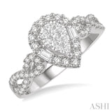 1/2 ctw Pear Shape Bow Shank Lovebright Round and Baguette Diamond Ring in 14K White gold