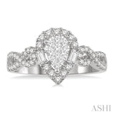 1/2 ctw Pear Shape Bow Shank Lovebright Round and Baguette Diamond Ring in 14K White gold