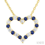 1.4 MM Round Cut Sapphire and 1/8 ctw Open Heart Round Cut Diamond Precious Fashion Pendant With Chain in 14K Yellow Gold