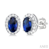 5x3 MM Oval Shape Sapphire and 1/8 Ctw Single Cut Diamond Halo Precious Stud Earrings in 10K White Gold