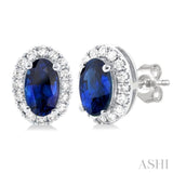 5x3 MM Oval Shape Sapphire and 1/8 Ctw Single Cut Diamond Halo Precious Stud Earrings in 14K White Gold