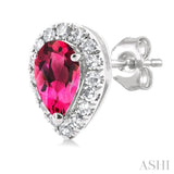 5x3 MM Pear Shape Pink Tourmaline and 1/8 Ctw Single Cut Diamond Halo Semi-Precious Stud Earrings in 10K White Gold