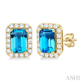 6x4 MM Octagonal Shape Blue Topaz and 1/4 Ctw Round Cut Diamond Halo Semi-Precious Stud Earrings in 10K Yellow Gold