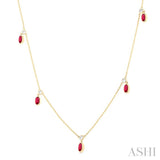 5x3 MM Oval Shape Ruby and 1/4 Ctw Round Cut Diamonds Precious Station Necklace in 14K Yellow Gold