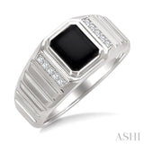 1/10 Ctw 8X7 MM Emerald Cut Onyx and Round Cut Diamond Semi-Precious Men's Ladder Groove Shank Ring in 10K White Gold