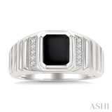 1/10 Ctw 8X7 MM Emerald Cut Onyx and Round Cut Diamond Semi-Precious Men's Ladder Groove Shank Ring in 10K White Gold