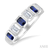4X3 MM Octagon Shape Sapphire and 5/8 Ctw Emerald Cut Diamond 7 Stone Bezel Set Precious Fashion Band in 14K White Gold