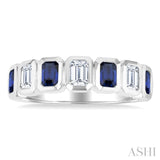4X3 MM Octagon Shape Sapphire and 5/8 Ctw Emerald Cut Diamond 7 Stone Bezel Set Precious Fashion Band in 14K White Gold