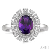 8x6 MM Oval Shape Amethyst and 1/10 Ctw Lattice Round Cut Diamond Semi-Precious Ring in 10K White Gold