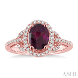 8x6MM Oval Cut Rhodolite Garnet and 1/3 Ctw Round Cut Diamond Ring in 14K Rose Gold