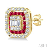 1/3 Ctw Octagonal Shape 1.25MM Round Cut Ruby, Baguette and Round Cut Diamond Fusion Precious Stud Earrings in 14K Yellow Gold
