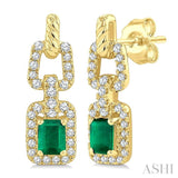 1/4 Ctw 4X3MM Octagon Shape Emerald and Round Cut Diamond Halo Precious Link Earrings in 14K Yellow Gold