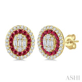 1/3 Ctw Oval Shape 1.35MM Ruby, Baguette and Round Cut Diamond Fusion Precious Fashion Stud Earrings in 14K Yellow Gold