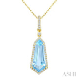 16X7 MM Evoque Gemstones Shield Shape Blue Topaz and 1/5 Ctw Round Cut Diamond Semi-Precious Pendant With Chain in 10K Yellow Gold