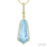 16X7 MM Evoque Gemstones Shield Shape Blue Topaz and 1/5 Ctw Round Cut Diamond Semi-Precious Pendant With Chain in 10K Yellow Gold