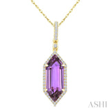 16X6 MM Evoque Gemstones Hexagon Shape Amethyst and 1/5 Ctw Round Cut Diamond Semi-Precious Pendant With Chain in 10K Yellow Gold