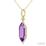 16X6 MM Evoque Gemstones Hexagon Shape Amethyst and 1/5 Ctw Round Cut Diamond Semi-Precious Pendant With Chain in 10K Yellow Gold