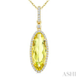 16X6 MM Evoque Gemstones Oval Shape Lemon Quartz and 1/5 Ctw Round Cut Diamond Semi-Precious Pendant With Chain in 10K Yellow Gold