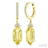 12X5 MM Evoque Gemstones Hexagon Shape Lemon Quartz and 1/6 Ctw Round Cut Diamond Semi-Precious Earrings in 10K Yellow Gold