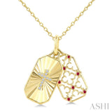 1 MM Round Ruby and 1/50 Ctw Fluted Texture & Cross Round Cut Diamond  Precious Pendant With Chain in 10K Yellow Gold