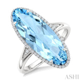 22X8 MM Evoque Gemstones Oval Shape Blue Topaz and 1/5 Ctw Round Cut Diamond Semi-Precious Ring in 14K White Gold