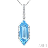 16X6 MM Evoque Gemstones Hexagon Shape Blue Topaz and 1/10 Ctw Round Cut Diamond Semi-Precious Pendant With Chain in 10K White Gold