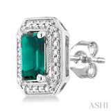 6X4 MM Octagon Shape Lab-Created Emerald and 1/50 Ctw Round Cut Diamond Precious Earrings in Sterling Silver