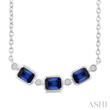 4X3MM Emerald Cut Sapphire and 1/50 Ctw Bezel Set Round Cut Diamond Precious Fashion Necklace in 10K White Gold