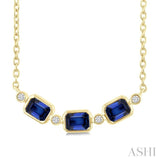 4X3MM Emerald Cut Sapphire and 1/50 Ctw Bezel Set Round Cut Diamond Precious Fashion Necklace in 10K Yellow Gold