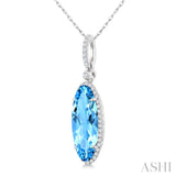 16X6 MM Evoque Gemstones Oval Shape Blue Topaz and 1/5 Ctw Round Cut Diamond Semi-Precious Pendant With Chain in 10K White Gold