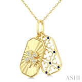 1 MM Round Sapphire and 1/20 Ctw Fluted Texture & Clover Round Cut Diamond  Precious Pendant With Chain in 10K Yellow Gold