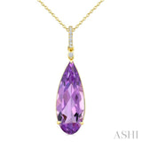 22X8 MM Evoque Gemstones Pear Shape Amethyst and 1/20 Ctw Round Cut Diamond Semi-Precious Pendant With Chain in 14K Yellow Gold