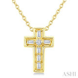 1/20 Ctw Baguette and Round Cut Diamond Cross Shape Fashion Pendant With Chain in 10K Yellow Gold