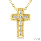 1/20 Ctw Baguette and Round Cut Diamond Cross Shape Fashion Pendant With Chain in 10K Yellow Gold