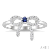 2.40 MM Round Shape Sapphire and 1/8 Ctw Round Cut Diamond Bow Petite Precious Fashion Ring in 10K White Gold