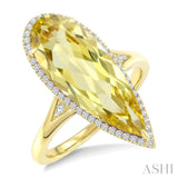 22X8 MM Evoque Gemstones Pear Shape Lemon Quartz and 1/5 Ctw Round Cut Diamond Semi-Precious Ring in 14K Yellow Gold