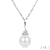 6 MM Cultured White Pearl and 1/50 Ctw Round Cut Diamond Fashion Pendant With Chain in 10K White Gold