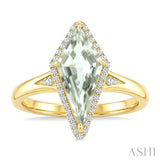 16X7 MM Evoque Gemstone Kite Shape Green Amethyst and 1/6 Ctw Round Cut Diamond Semi-Precious Ring in 10K Yellow Gold