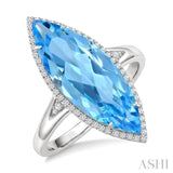 22X8 MM Evoque Gemstones Marquise Shape Blue Topaz and 1/5 Ctw Round Cut Diamond Semi-Precious Ring in 14K White Gold