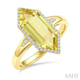 16X6 MM Evoque Gemstones Hexagon Shape Lemon Quartz and 1/5 Ctw Round Cut Diamond Semi-Precious Ring in 10K Yellow Gold